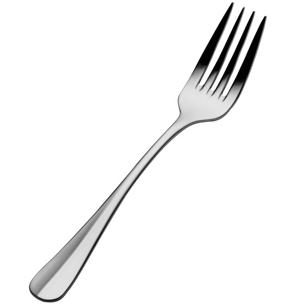 A close-up of a Bon Chef Bonsteel dinner fork with a silver handle.