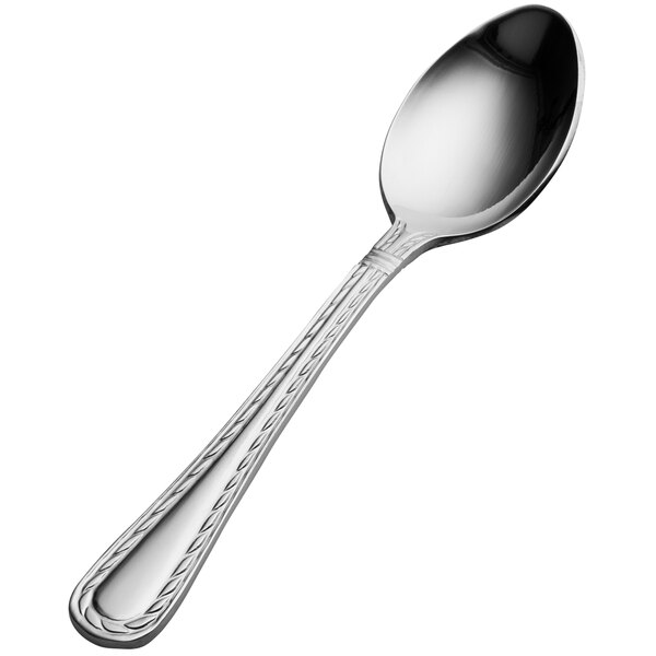 A Bon Chef Amore stainless steel teaspoon with a silver handle and spoon.