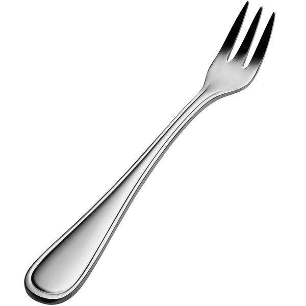 A close-up of a Bon Chef Tuscany cocktail fork with a silver handle.