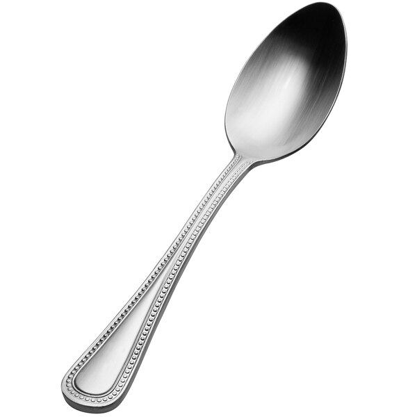 A close-up of a Bon Chef silver soup spoon with a handle.