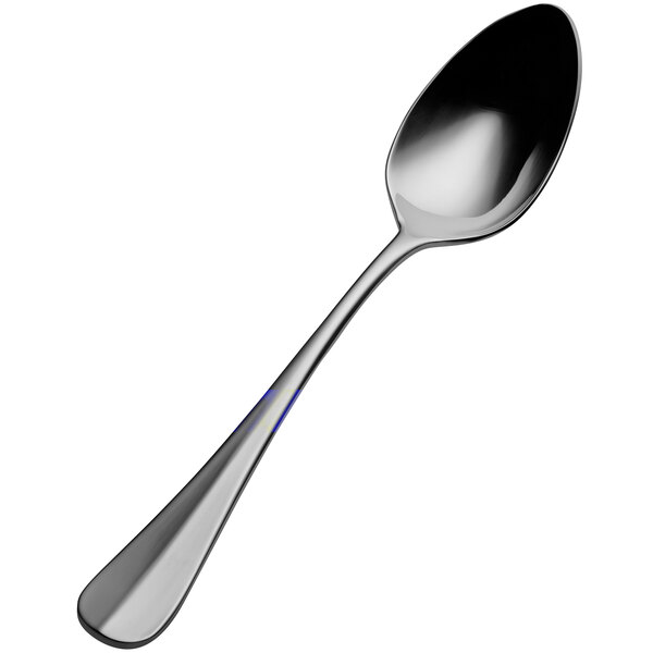 A Bon Chef Bonsteel table spoon with a blue handle and silver spoon.