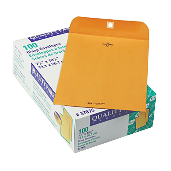 A white box of 100 Quality Park brown kraft file envelopes with clasp and gummed seal.