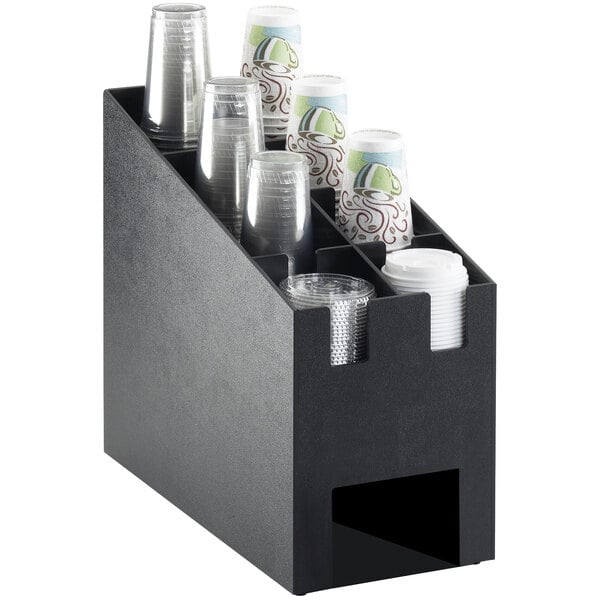 A black Cal-Mil countertop organizer with plastic cups and lids.