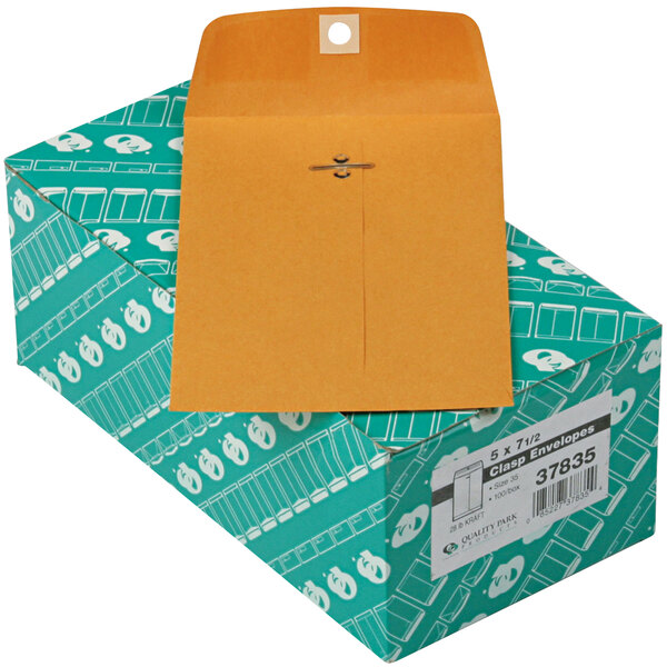 Quality Park 37835 #35 5" x 7 1/2" Brown Kraft Clasp / Gummed Seal File Envelope - 100/Box