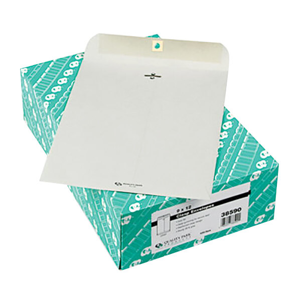 A box with a white Quality Park Executive File Envelope with a green label on it.