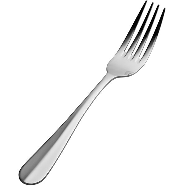A close-up of a Bon Chef European dinner fork with a silver handle.