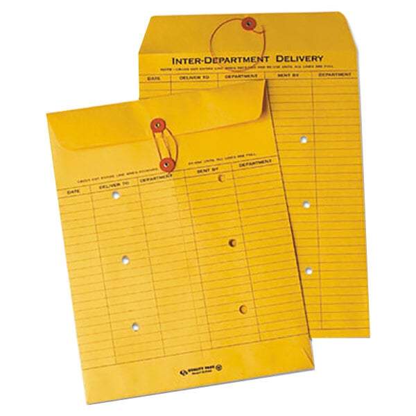 A yellow Quality Park interoffice envelope with string and button closure.
