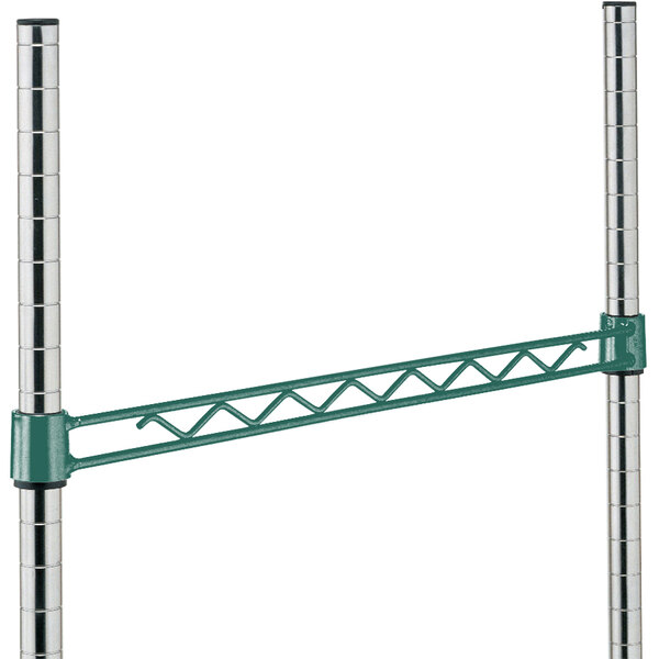 A silver metal Metro hanger rail with a green handle.