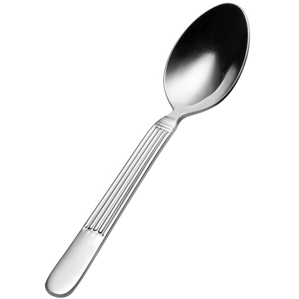 A close-up of a Bonsteel teaspoon with a black handle and a silver spoon.