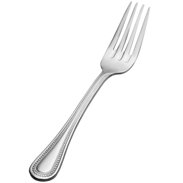 A close-up of a Bon Chef silver dinner fork with a white background.