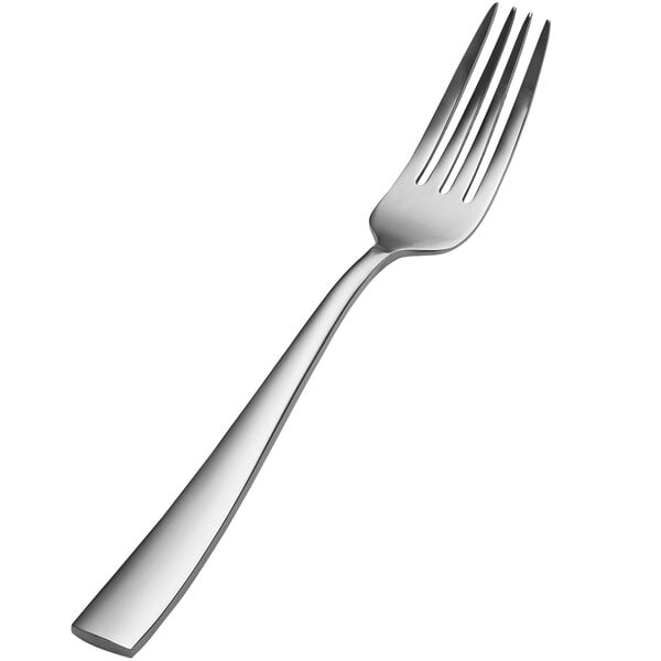 A close-up of a Bon Chef European dinner fork with a silver handle.