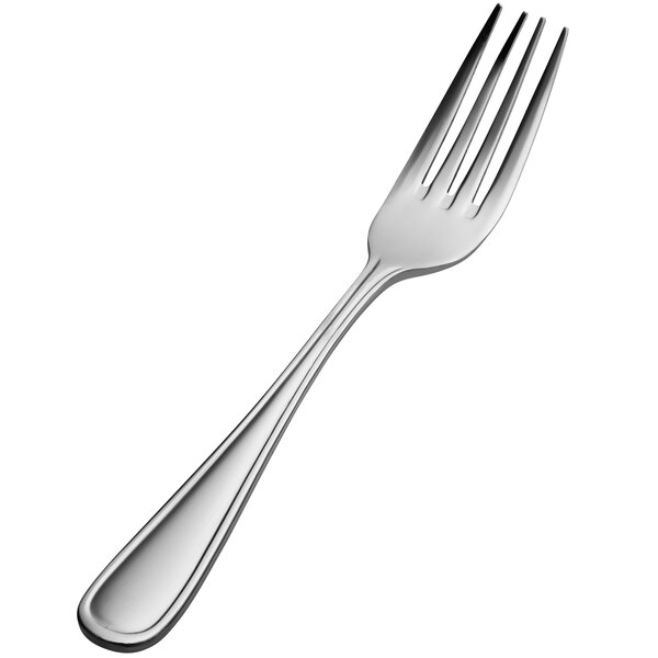 A close-up of a Bon Chef Tuscany dinner fork with a silver handle.
