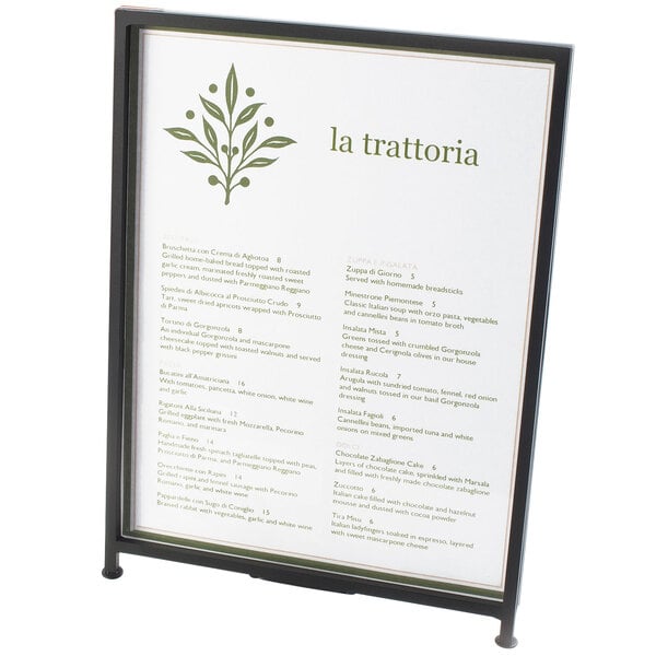A white menu in a Cal-Mil iron displayette with green text reading "La Trattoria"