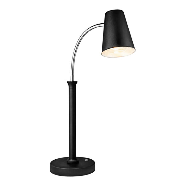 A black freestanding heat lamp with a curved pole and a white bulb.