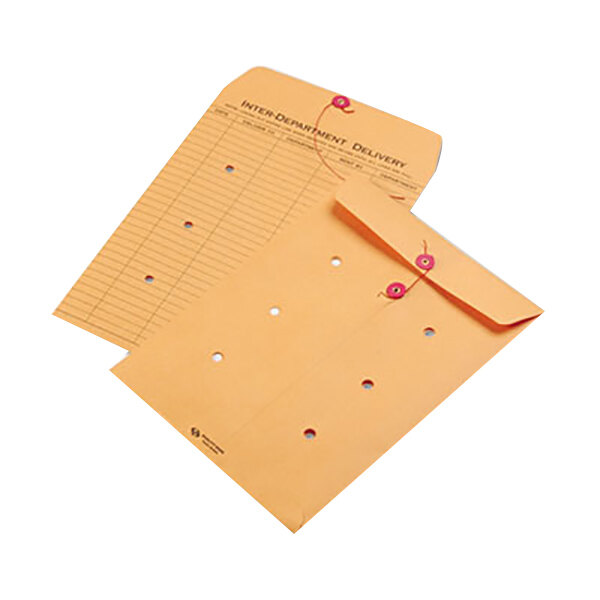 A close-up of a Quality Park brown kraft interoffice envelope with a string and button closure.