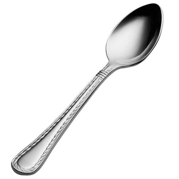 A Bon Chef stainless steel demitasse spoon with a braided silver handle.