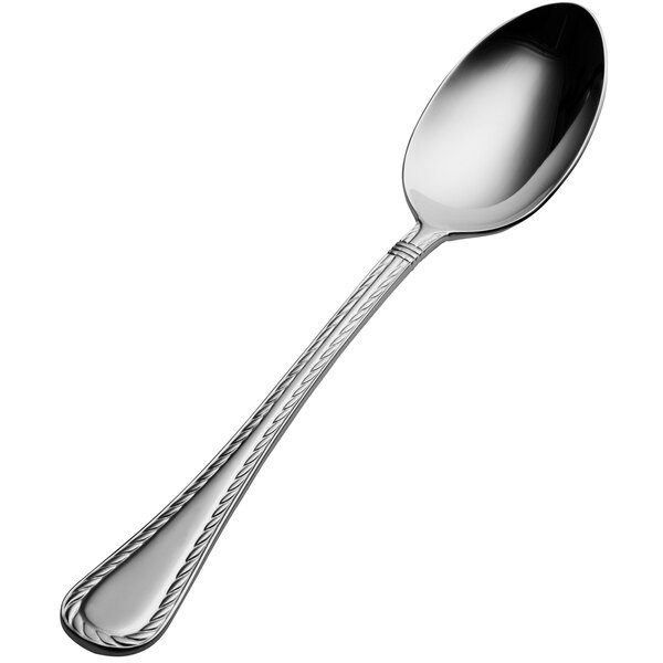 A Bon Chef Bonsteel serving spoon with a braided handle and a silver finish.
