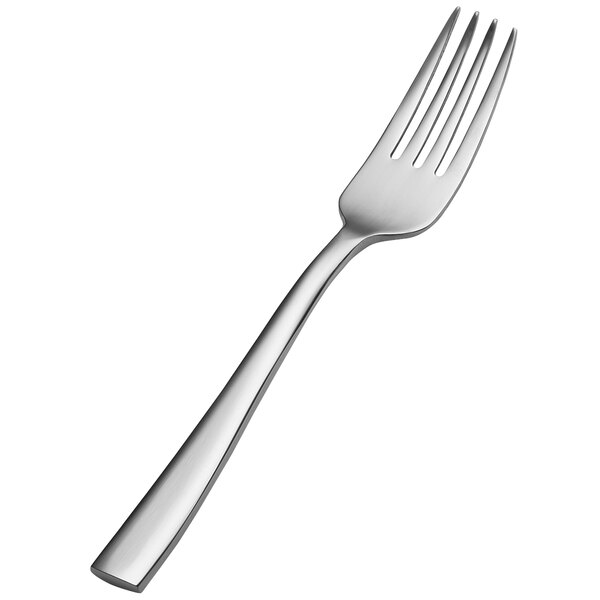 A close-up of a Bon Chef Bonsteel salad fork with a silver handle.