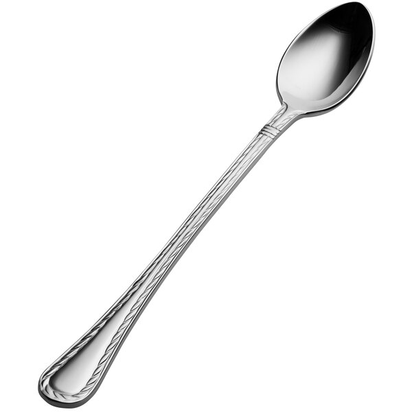 A close-up of a Bon Chef silver Amore iced tea spoon with a white background.