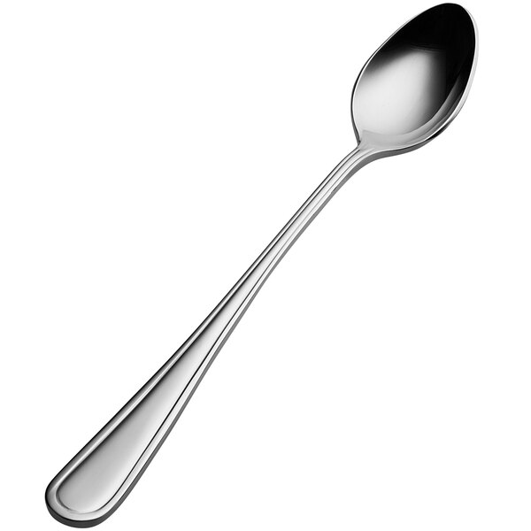 A close-up of a Bon Chef Tuscany silver iced tea spoon with a silver handle.