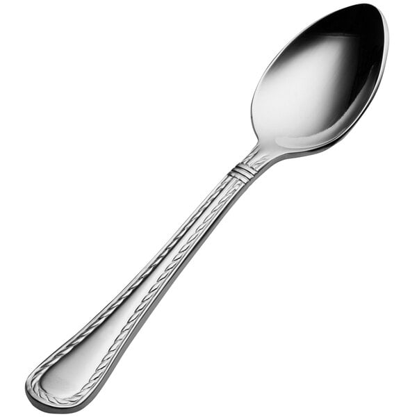 A Bonsteel demitasse spoon with a braided silver handle.