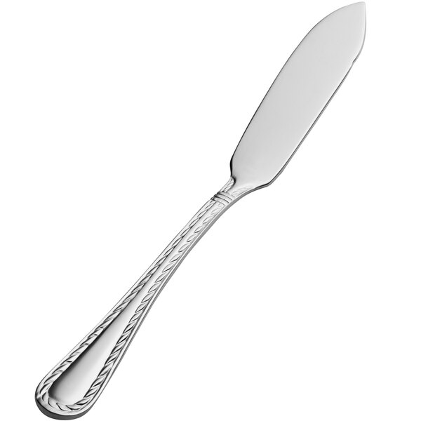 A Bon Chef stainless steel butter spreader with a flat handle.