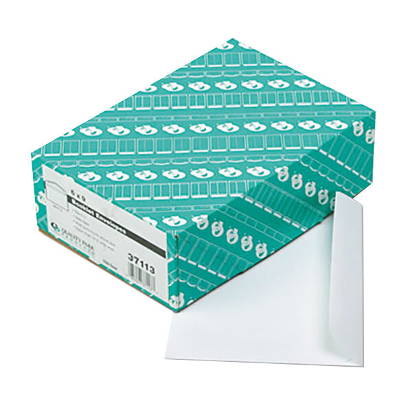 A green box with white Quality Park file envelopes.