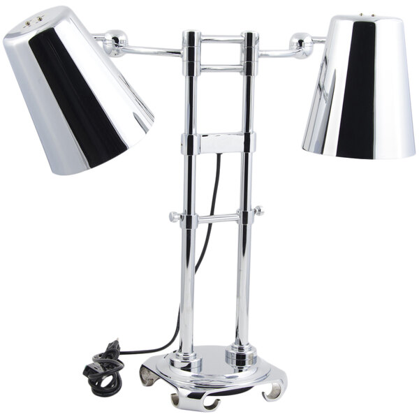 A silver Bon Chef freestanding heat lamp with two bulbs.