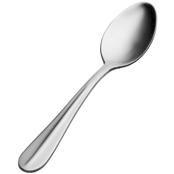 A close-up of a Bon Chef soup/dessert spoon with a silver handle.