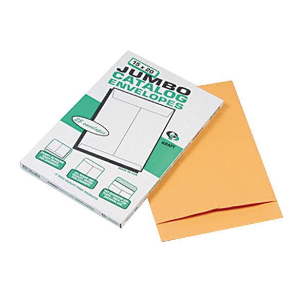 A box of 25 Quality Park brown Kraft jumbo file envelopes with a close-up of the envelope.