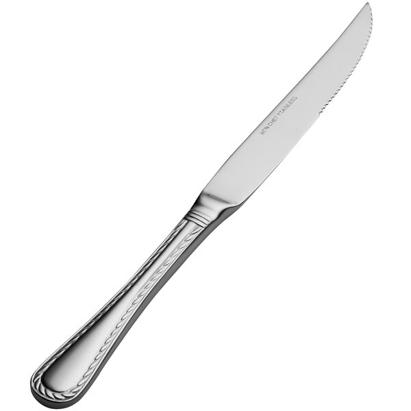 A Bon Chef stainless steel European steak knife with a solid handle.
