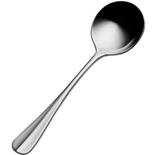 A Bon Chef Bonsteel bouillon spoon with a silver handle.