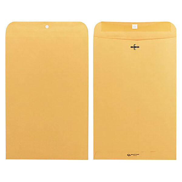A front and back view of a yellow Quality Park file envelope with a clasp.