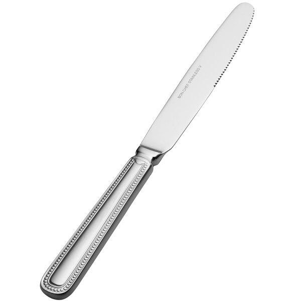 A Bon Chef silver European dinner knife with a silver handle.