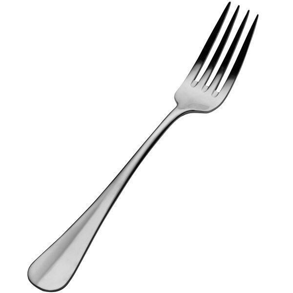 A close-up of a Bon Chef Bonsteel European dinner fork with a silver handle.