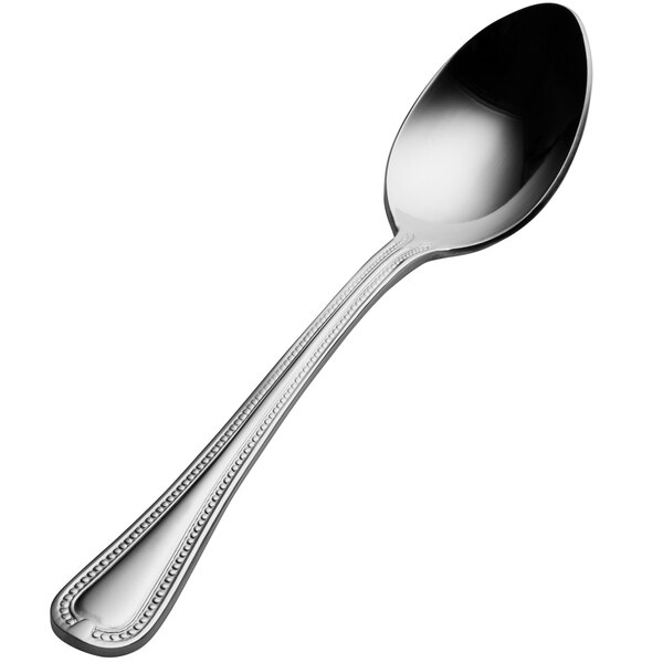 A close-up of a Bon Chef stainless steel teaspoon with a white background.