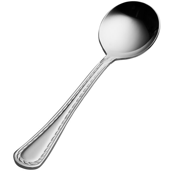 A close-up of a Bon Chef stainless steel bouillon spoon with a handle.