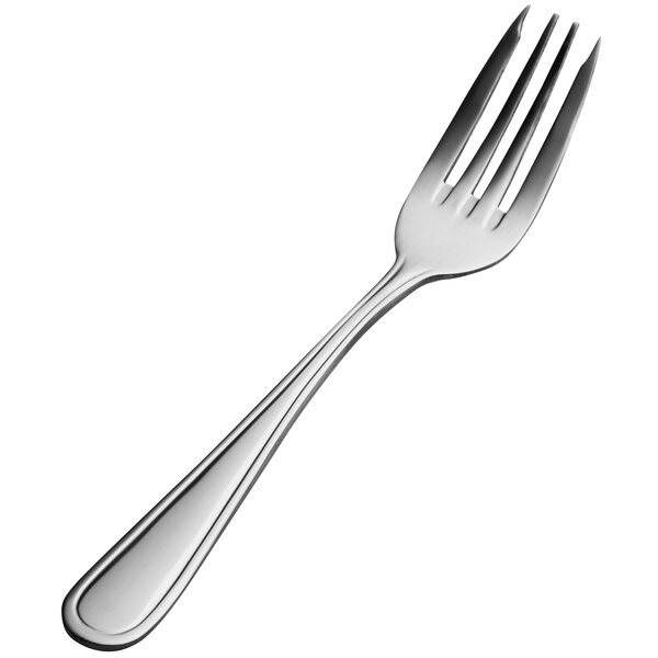 A close-up of a Bon Chef Tuscany salad/dessert fork with a silver handle.