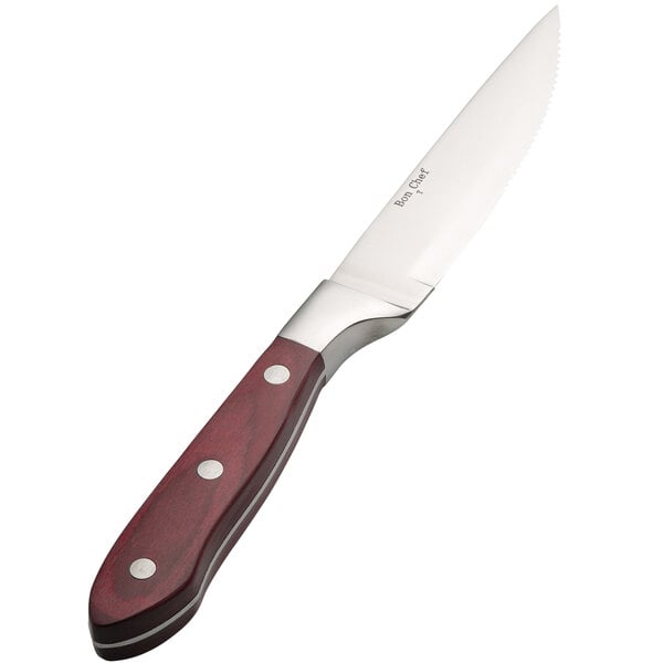 A Bon Chef steak knife with a wooden handle.