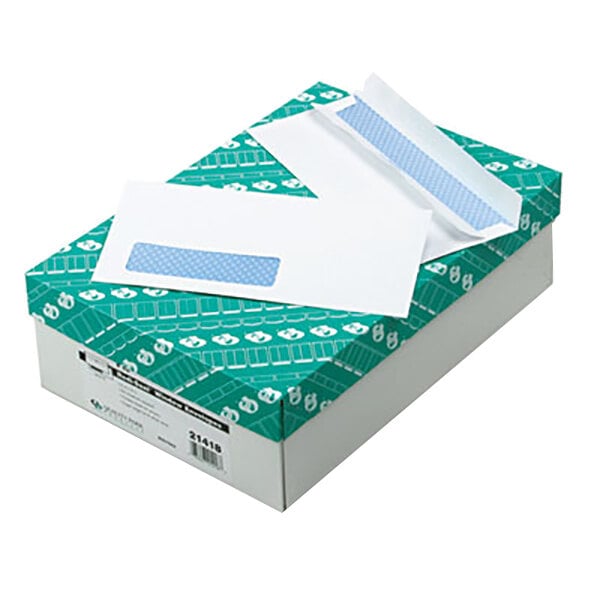 Quality Park 21418 #10 4 1/8" x 9 1/2" White Security Tinted Business Envelope with Window and Redi-Strip Seal - 500/Box