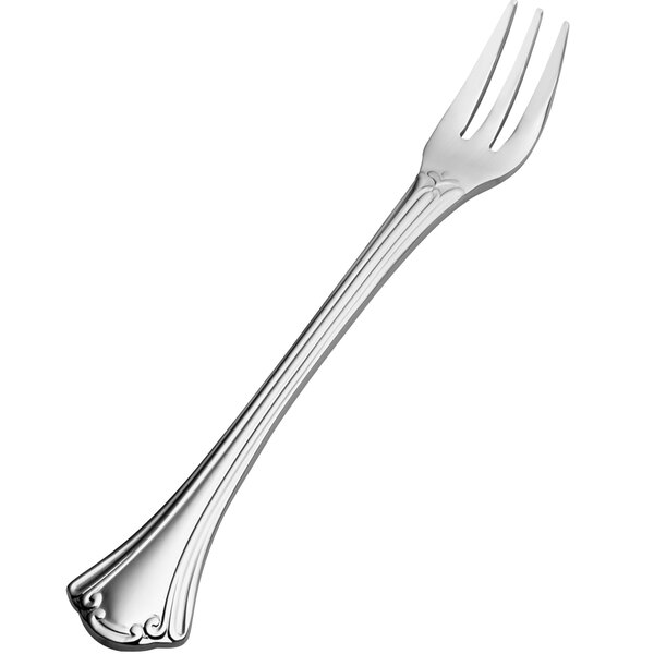 A Bon Chef stainless steel oyster/cocktail fork with a decorative design on the handle.