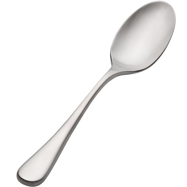 A Bon Chef stainless steel teaspoon with a satin finish and silver handle.