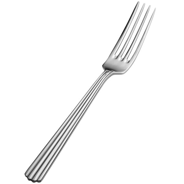 A close-up of a Bon Chef Britany stainless steel dinner fork with a silver handle.