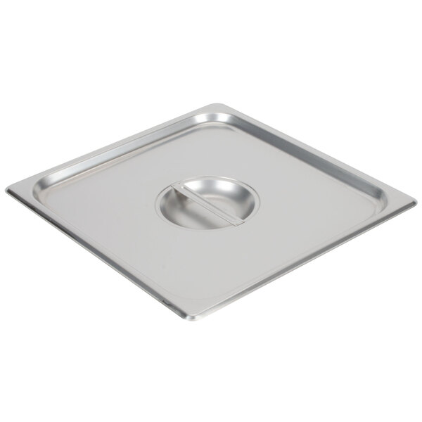 A stainless steel solid lid on a Choice steam table pan.
