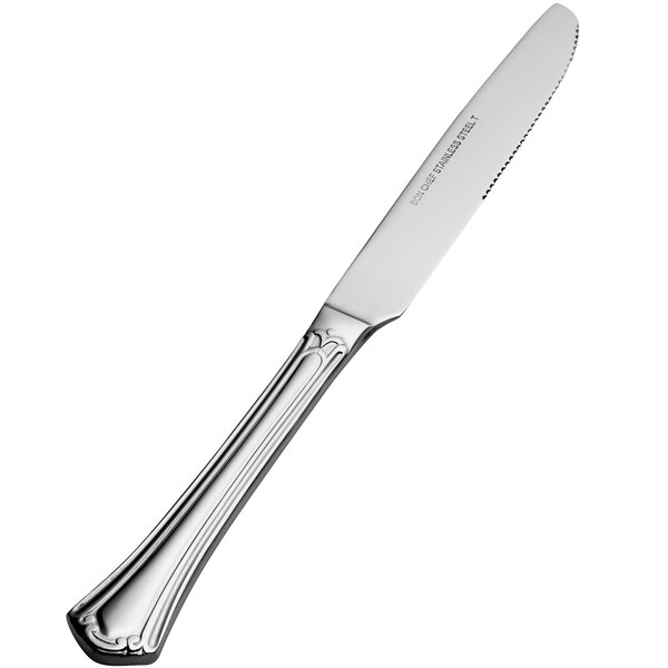 A close-up of a Bon Chef stainless steel knife with a silver handle.
