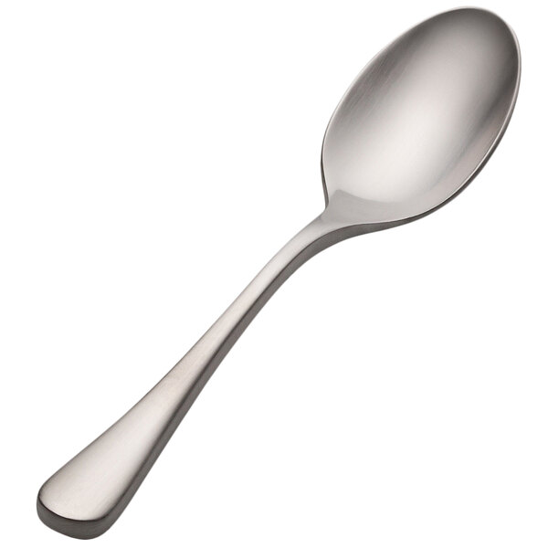 A Bon Chef stainless steel demitasse spoon with a silver handle.