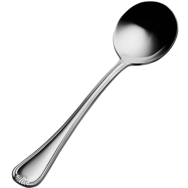 A Bon Chef stainless steel bouillon spoon with a silver handle.