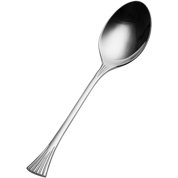 A close-up of a Bon Chef stainless steel spoon with a long silver handle.