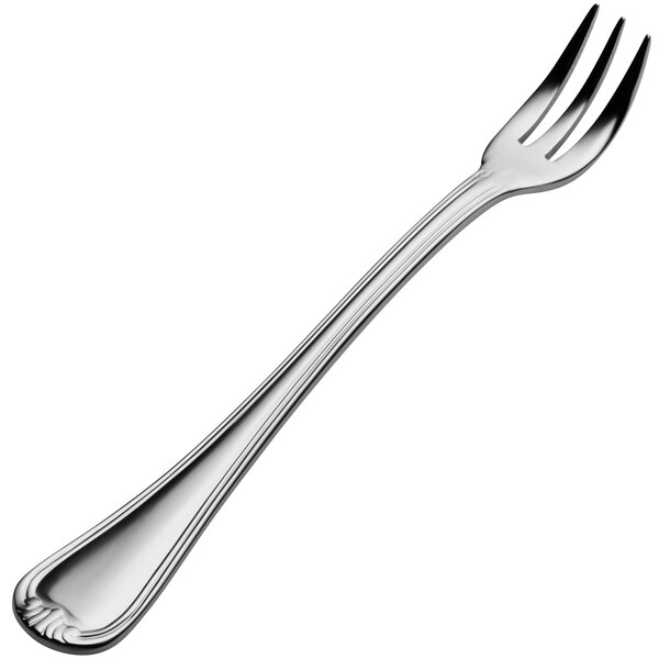 A Bon Chef stainless steel oyster/cocktail fork with a silver handle on a white background.