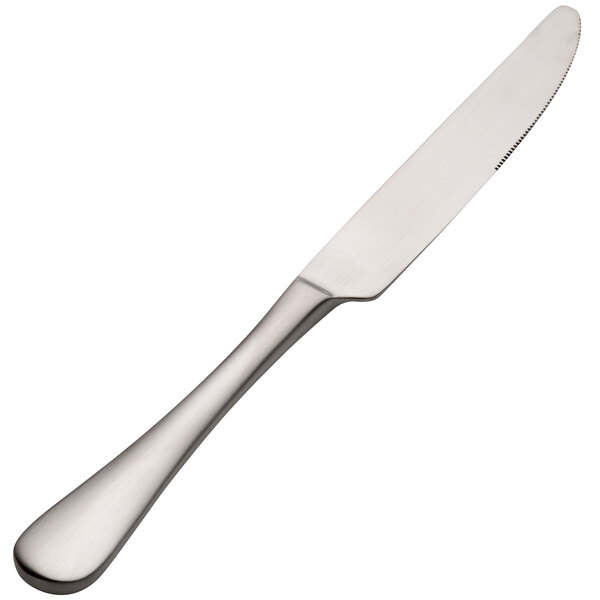 A Bon Chef stainless steel dinner knife with a satin finish and a long silver handle.